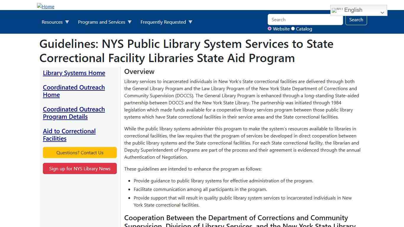 Guidelines: NYS Public Library System Services to State Correctional Facility Libraries State Aid Program NYSL